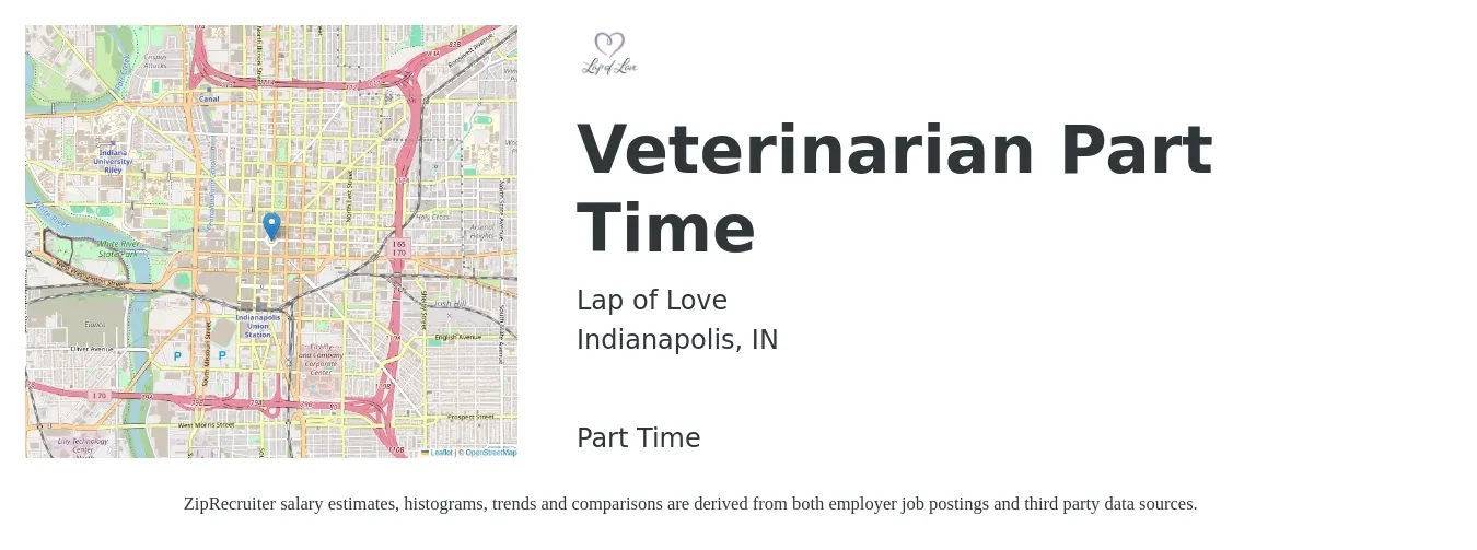 Lap of Love job posting for a Veterinarian - Part Time in Indianapolis, IN with a salary of $107,100 to $208,400 Yearly with a map of Indianapolis location.