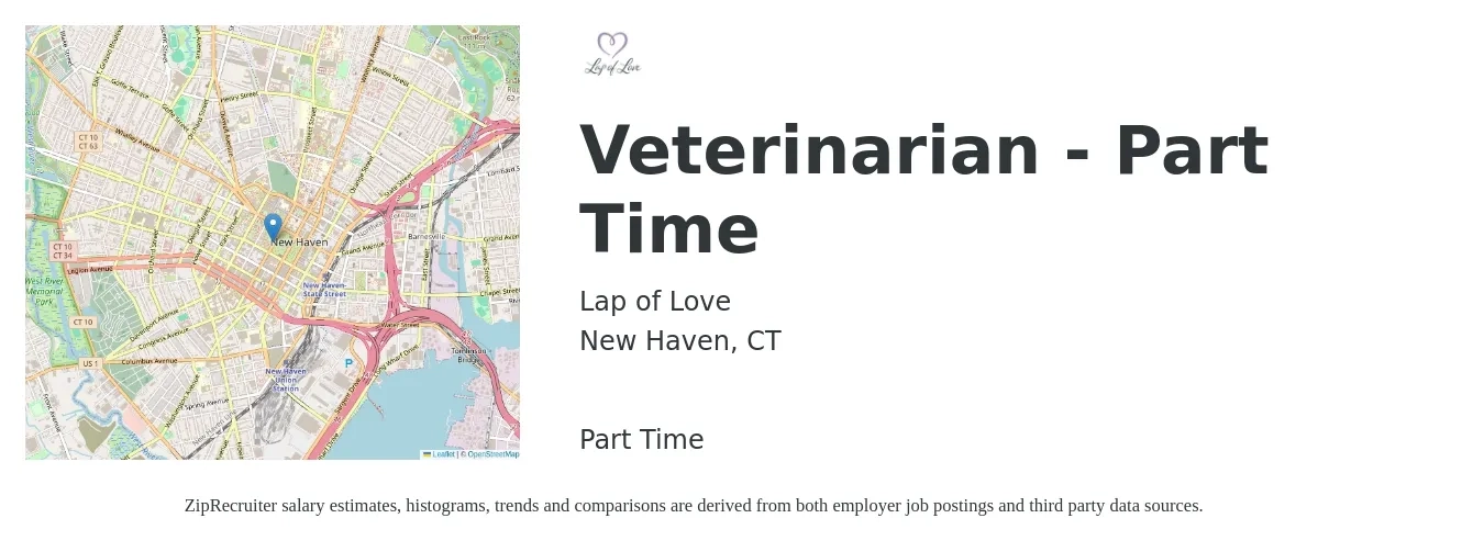 Lap of Love job posting for a Veterinarian - Part Time in New Haven, CT with a salary of $112,600 to $219,200 Yearly with a map of New Haven location.