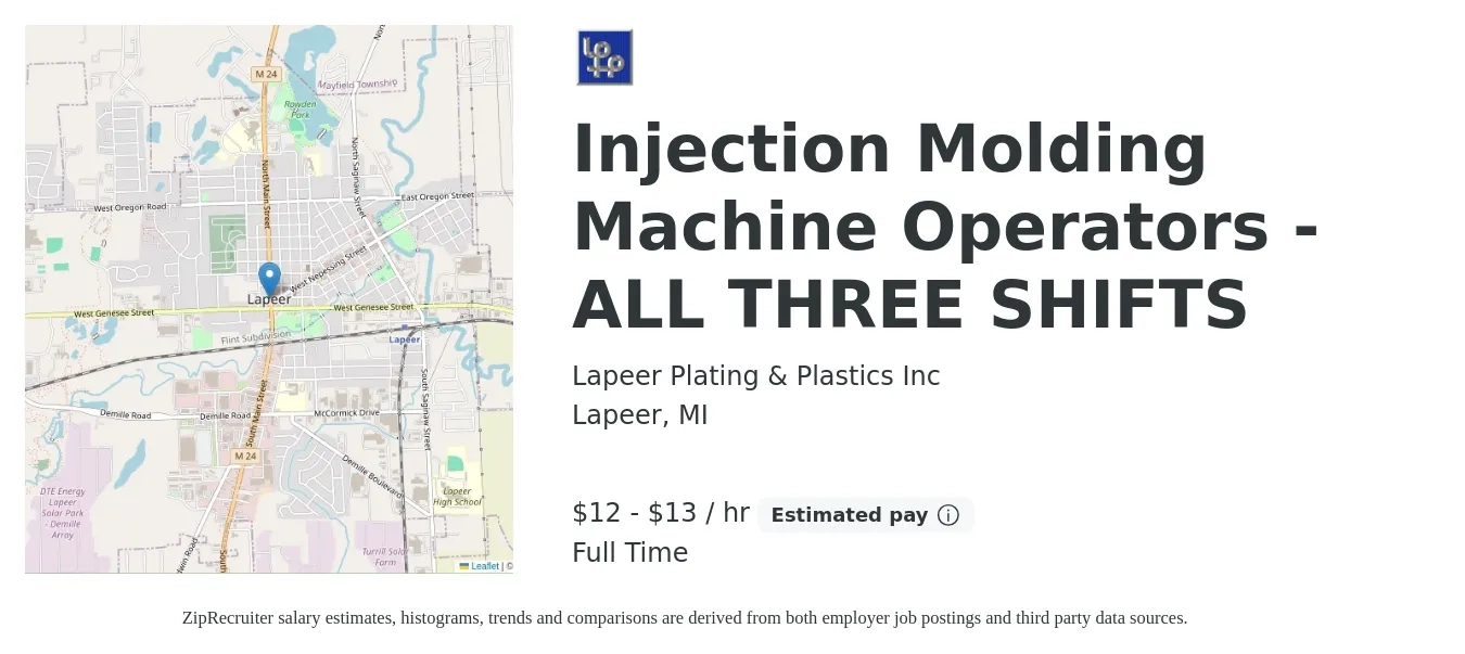 Lapeer Plating & Plastics Inc job posting for a Injection Molding Machine Operators - ALL THREE SHIFTS in Lapeer, MI with a salary of $13 to $14 Hourly with a map of Lapeer location.