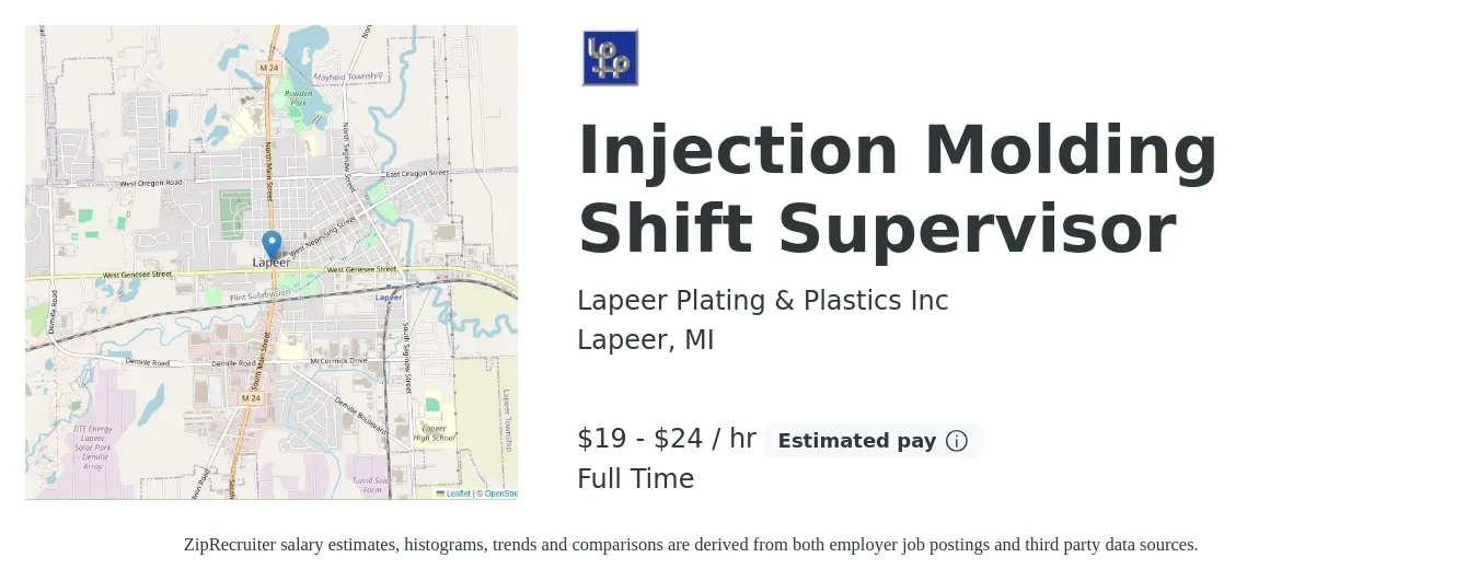 Lapeer Plating & Plastics Inc job posting for a Injection Molding Shift Supervisor in Lapeer, MI with a salary of $20 to $25 Hourly with a map of Lapeer location.