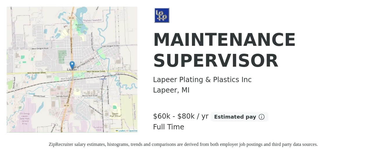 Lapeer Plating & Plastics Inc job posting for a MAINTENANCE SUPERVISOR in Lapeer, MI with a salary of $60 to $80 Yearly with a map of Lapeer location.