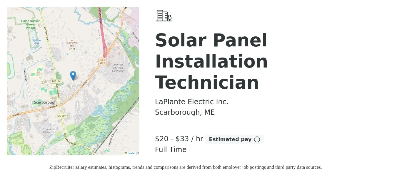 LaPlante Electric Inc. job posting for a Solar Panel Installation Technician in Scarborough, ME with a salary of $21 to $35 Hourly with a map of Scarborough location.
