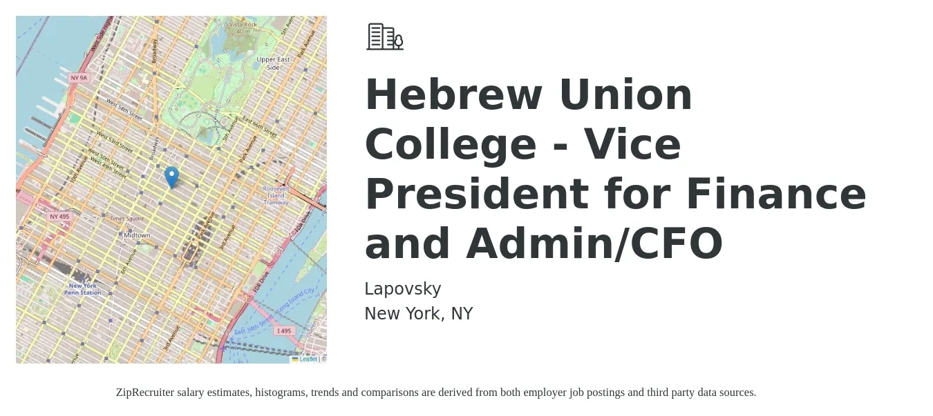 Lapovsky job posting for a Hebrew Union College - Vice President for Finance and Admin/CFO in New York, NY with a salary of $250,000 to $325,000 Yearly with a map of New York location.