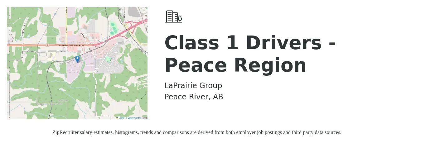 LaPrairie Group job posting for a Class 1 Drivers - Peace Region in Peace River, AB with a salary of $40 Hourly with a map of Peace River location.