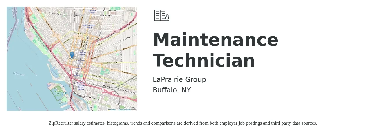 LaPrairie Group job posting for a Maintenance Technician in Buffalo, NY with a salary of $19 to $26 Hourly with a map of Buffalo location.