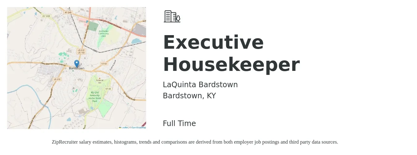 LaQuinta Bardstown job posting for a Executive Housekeeper in Bardstown, KY with a salary of $16 to $24 Hourly with a map of Bardstown location.