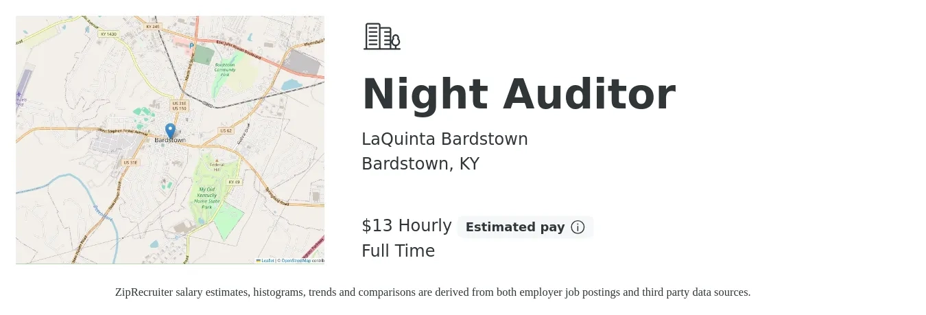 LaQuinta Bardstown job posting for a Night Auditor in Bardstown, KY with a salary of $14 Hourly with a map of Bardstown location.