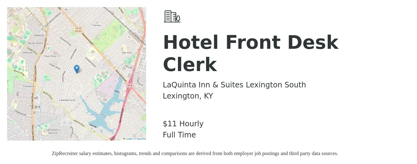 LaQuinta Inn & Suites Lexington South job posting for a Hotel Front Desk Clerk in Lexington, KY with a salary of $12 Hourly with a map of Lexington location.