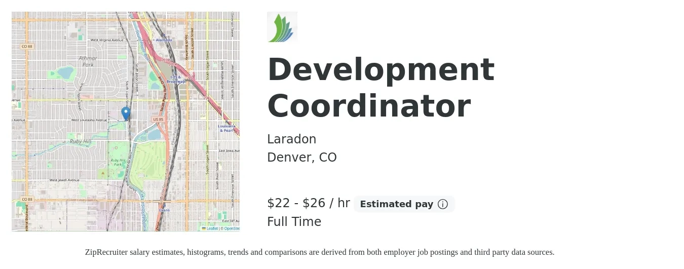 Laradon job posting for a Development Coordinator in Denver, CO with a salary of $23 to $28 Hourly with a map of Denver location.