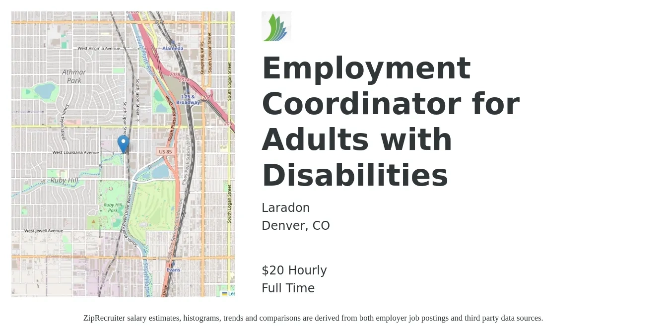 Laradon job posting for a Employment Coordinator for Adults with Disabilities in Denver, CO with a salary of $21 Yearly with a map of Denver location.