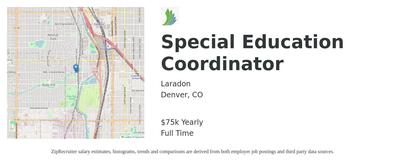 Laradon job posting for a Special Education Coordinator in Denver, CO with a salary of $75,000 Yearly with a map of Denver location.