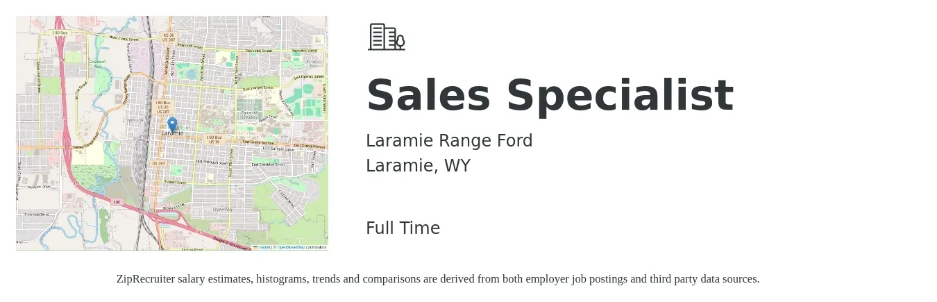 Laramie Range Ford job posting for a Sales Specialist in Laramie, WY with a salary of $46,400 to $77,100 Yearly with a map of Laramie location.