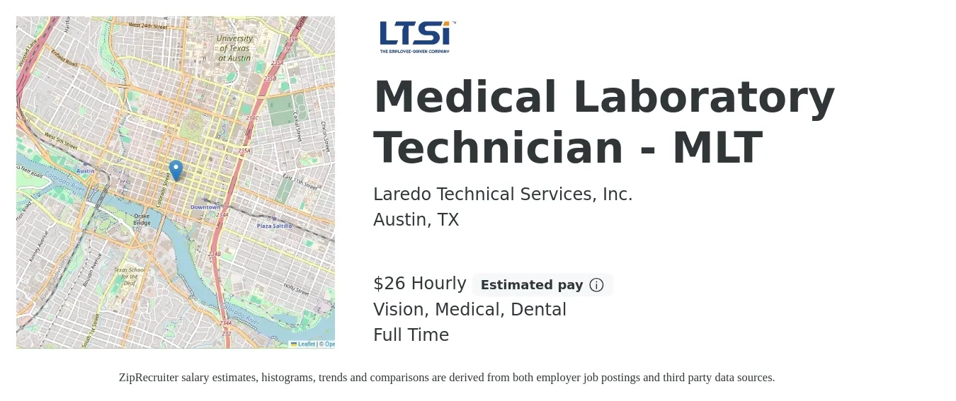 Laredo Technical Services, Inc. job posting for a Medical Laboratory Technician - MLT in Austin, TX with a salary of $27 Hourly and benefits including medical, pto, retirement, vision, and dental with a map of Austin location.