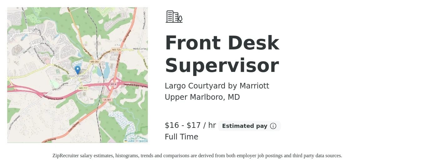 Largo Courtyard by Marriott job posting for a Front Desk Supervisor in Upper Marlboro, MD with a salary of $17 to $18 Hourly with a map of Upper Marlboro location.