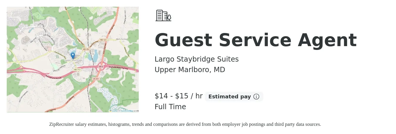 Largo Staybridge Suites job posting for a Guest Service Agent in Upper Marlboro, MD with a salary of $15 to $16 Hourly with a map of Upper Marlboro location.