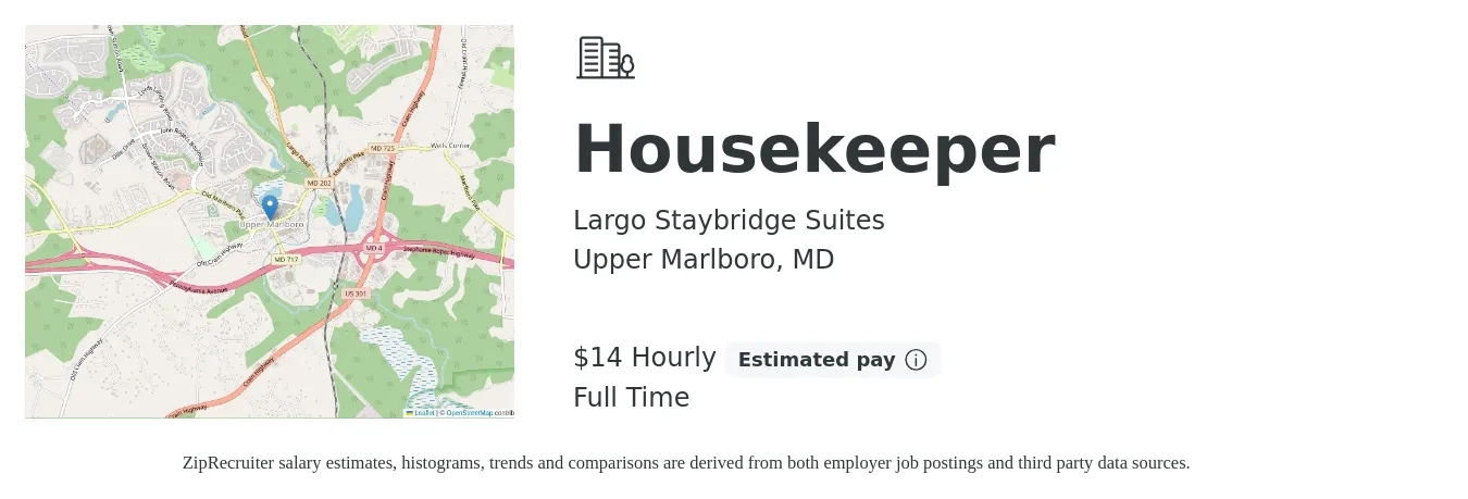 Largo Staybridge Suites job posting for a Housekeeper in Upper Marlboro, MD with a salary of $15 to $16 Hourly with a map of Upper Marlboro location.