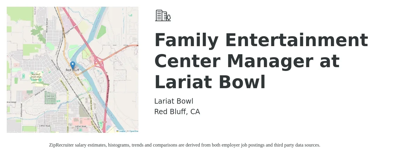 Lariat Bowl job posting for a Family Entertainment Center Manager at Lariat Bowl in Red Bluff, CA with a salary of $80,000 Yearly with a map of Red Bluff location.