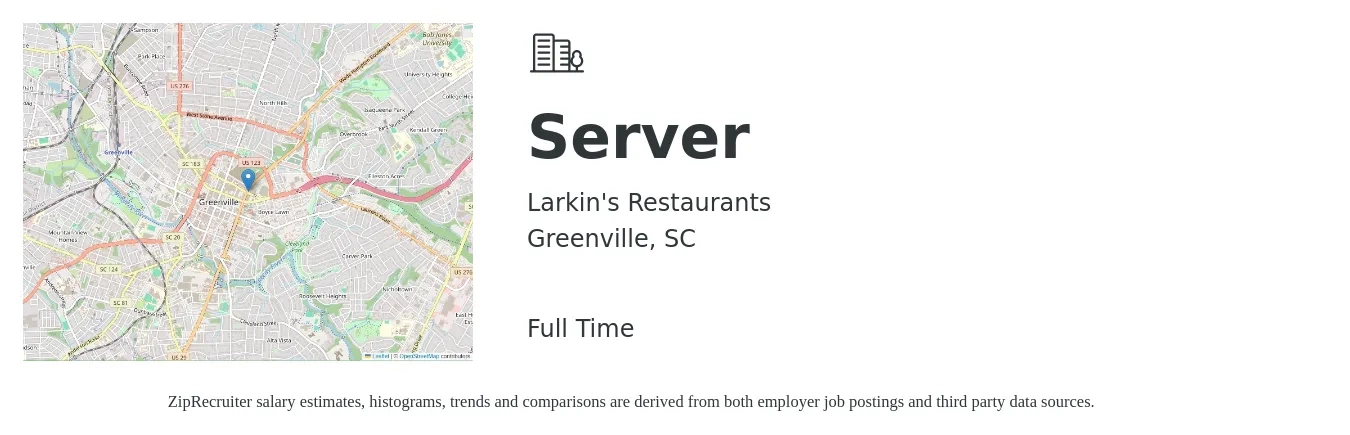 Larkin's Restaurants job posting for a Server in Greenville, SC with a salary of $10 to $16 Hourly with a map of Greenville location.