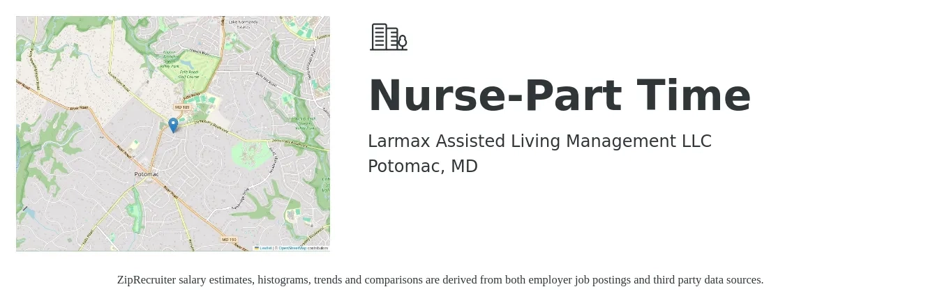 Larmax Assisted Living Management LLC job posting for a Nurse-Part Time in Potomac, MD with a salary of $32 to $46 Hourly with a map of Potomac location.