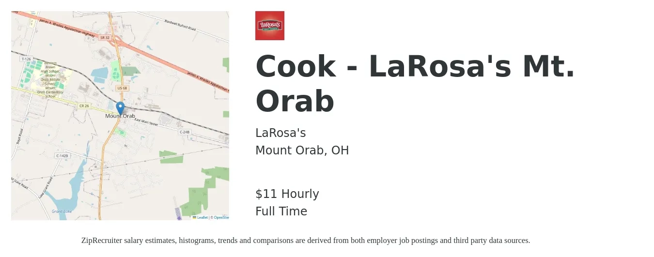 LaRosa's job posting for a Cook - LaRosa's Mt. Orab in Mount Orab, OH with a salary of $12 Hourly with a map of Mount Orab location.