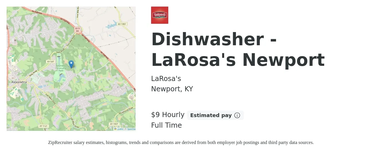 LaRosa's job posting for a Dishwasher - LaRosa's Newport in Newport, KY with a salary of $10 Hourly with a map of Newport location.
