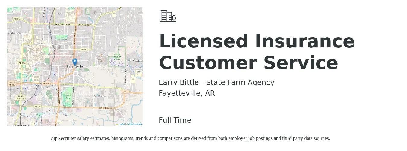 Larry Bittle - State Farm Agency job posting for a Licensed Insurance Customer Service in Fayetteville, AR with a salary of $34,400 to $47,300 Yearly with a map of Fayetteville location.