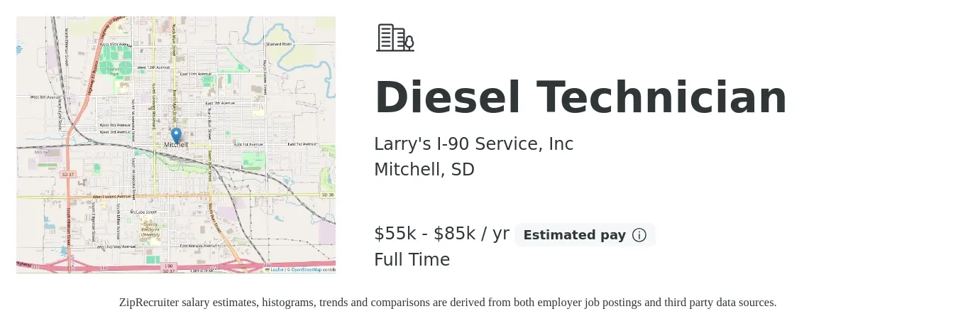 Larry's I-90 Service, Inc job posting for a Diesel Technician in Mitchell, SD with a salary of $55,000 to $85,000 Yearly and benefits including pto, and retirement with a map of Mitchell location.