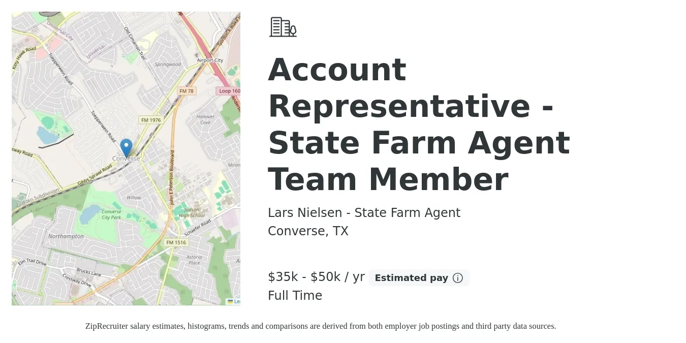 Lars Nielsen - State Farm Agent job posting for a Account Representative - State Farm Agent Team Member in Converse, TX with a salary of $35,000 to $50,000 Yearly with a map of Converse location.