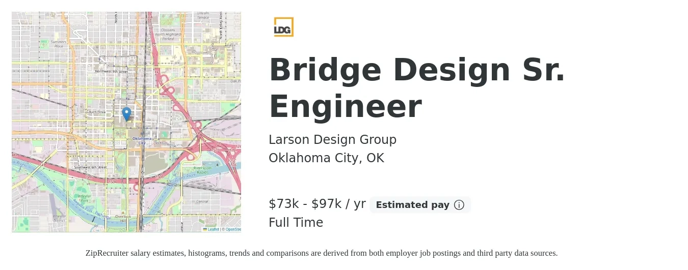 Larson Design Group job posting for a Bridge Design Sr. Engineer in Oklahoma City, OK with a salary of $73,000 to $97,000 Yearly with a map of Oklahoma City location.