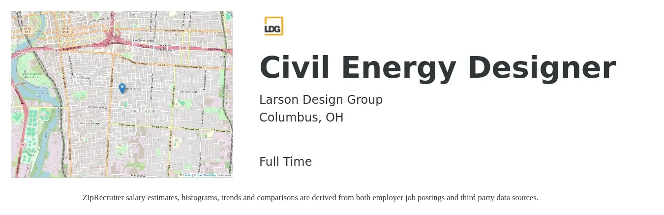 Larson Design Group job posting for a Civil Energy Designer in Columbus, OH with a salary of $51,000 to $68,000 Yearly with a map of Columbus location.
