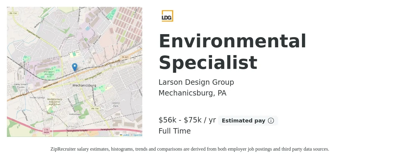 Larson Design Group job posting for a Environmental Specialist in Mechanicsburg, PA with a salary of $56,500 to $75,000 Yearly with a map of Mechanicsburg location.