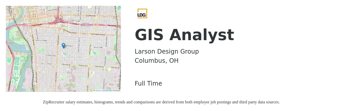 Larson Design Group job posting for a GIS Analyst in Columbus, OH with a salary of $46,600 to $62,115 Yearly with a map of Columbus location.