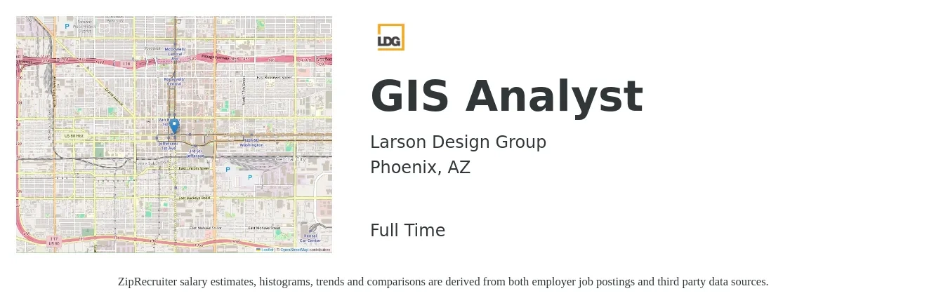 Larson Design Group job posting for a GIS Analyst in Phoenix, AZ with a salary of $51,245 to $68,400 Yearly with a map of Phoenix location.
