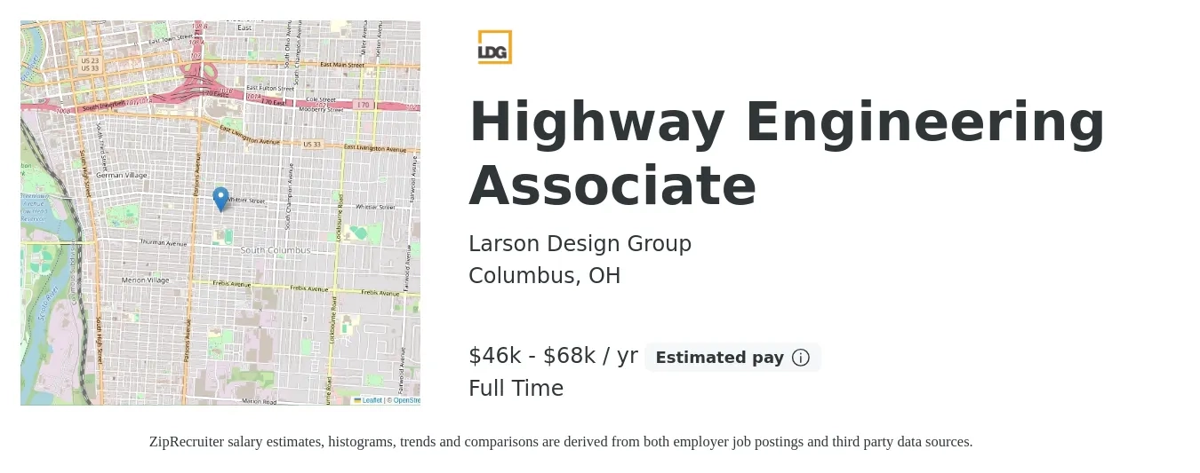 Larson Design Group job posting for a Highway Engineering Associate in Columbus, OH with a salary of $46,000 to $68,000 Yearly with a map of Columbus location.