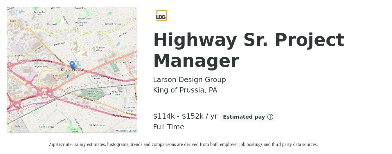 Larson Design Group job posting for a Highway Sr. Project Manager in King of Prussia, PA with a salary of $114,000 to $152,000 Yearly with a map of King of Prussia location.