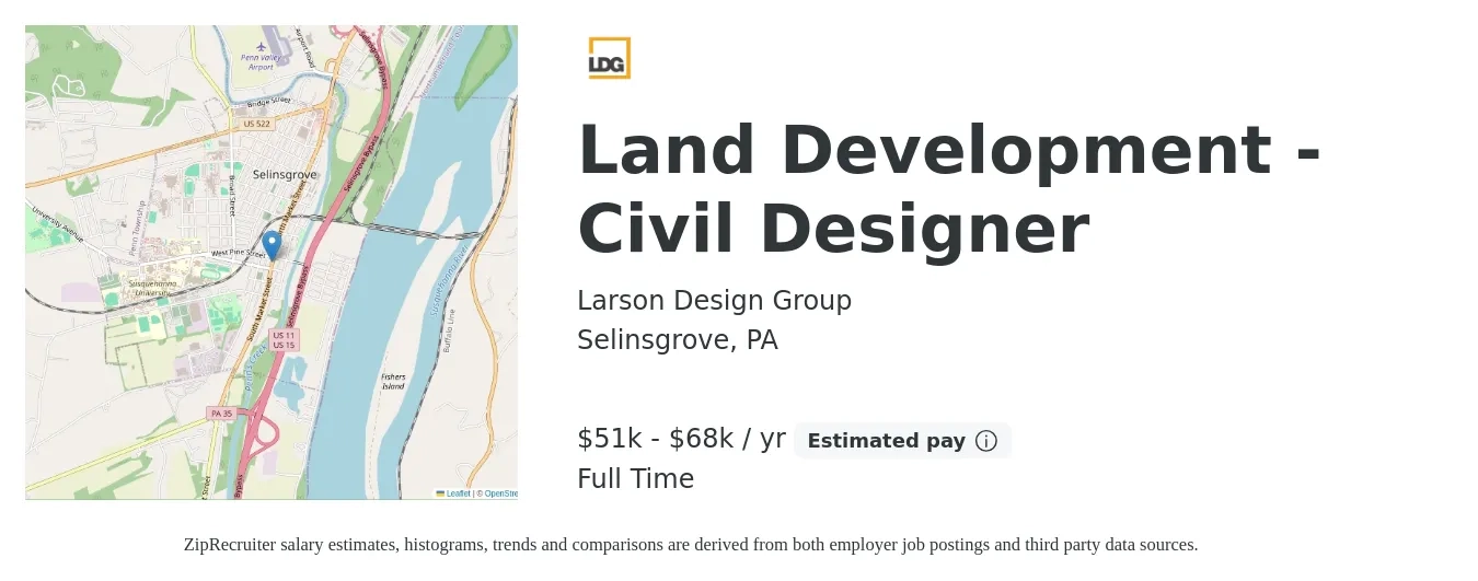 Larson Design Group job posting for a Land Development - Civil Designer in Selinsgrove, PA with a salary of $51,000 to $68,000 Yearly with a map of Selinsgrove location.