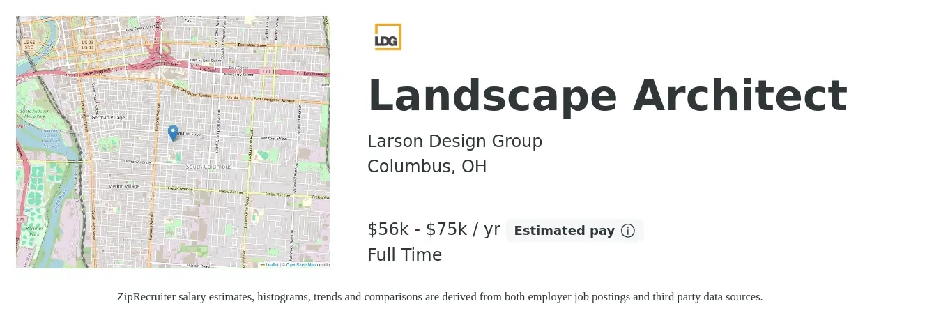 Larson Design Group job posting for a Landscape Architect in Columbus, OH with a salary of $56,369 to $75,200 Yearly with a map of Columbus location.