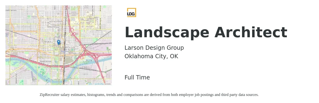 Larson Design Group job posting for a Landscape Architect in Oklahoma City, OK with a salary of $53,000 to $70,700 Yearly with a map of Oklahoma City location.