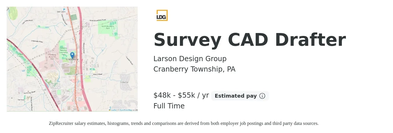 Larson Design Group job posting for a Survey CAD Drafter in Cranberry Township, PA with a salary of $48,000 to $55,000 Yearly with a map of Cranberry Township location.