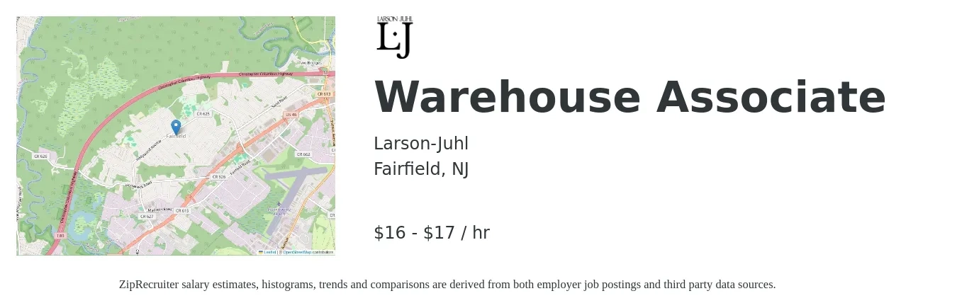 Larson-Juhl job posting for a Warehouse Associate in Fairfield, NJ with a salary of $17 to $19 Hourly with a map of Fairfield location.