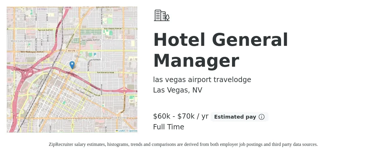 las vegas airport travelodge job posting for a Hotel General Manager in Las Vegas, NV with a salary of $60,000 to $70,000 Yearly with a map of Las Vegas location.