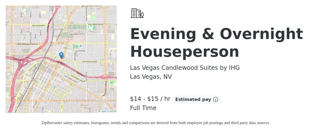 Las Vegas Candlewood Suites by IHG job posting for a Evening & Overnight Houseperson in Las Vegas, NV with a salary of $15 to $16 Hourly with a map of Las Vegas location.