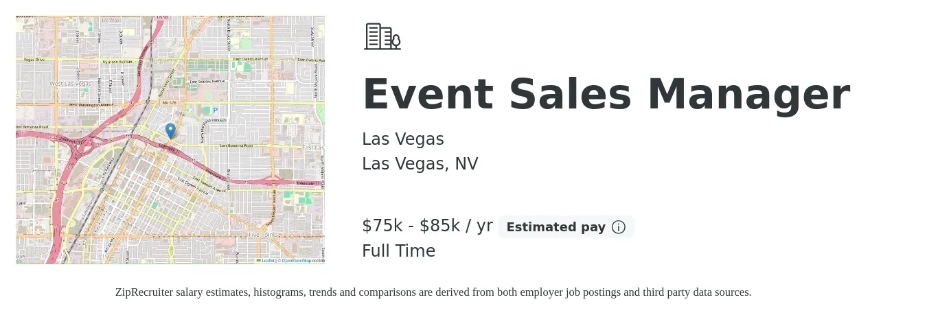 Las Vegas job posting for a Event Sales Manager in Las Vegas, NV with a salary of $75,000 to $85,000 Yearly with a map of Las Vegas location.