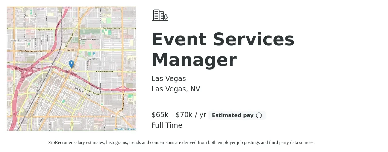 Las Vegas job posting for a Event Services Manager in Las Vegas, NV with a salary of $65,000 to $70,000 Yearly with a map of Las Vegas location.