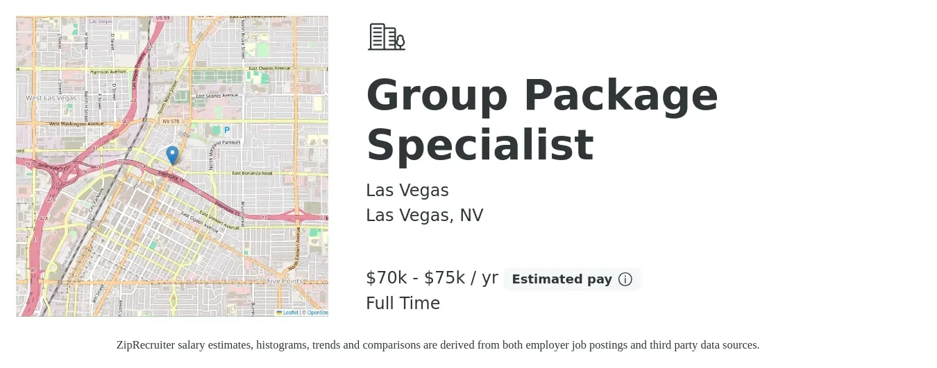 Las Vegas job posting for a Group Package Specialist in Las Vegas, NV with a salary of $70,000 to $75,000 Yearly with a map of Las Vegas location.