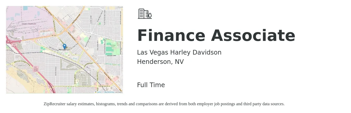 Las Vegas Harley Davidson job posting for a Finance Associate in Henderson, NV with a salary of $46,600 to $71,700 Yearly with a map of Henderson location.