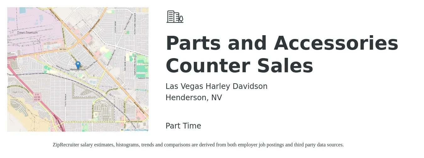 Las Vegas Harley Davidson job posting for a Parts and Accessories Counter Sales in Henderson, NV with a salary of $16 to $23 Hourly with a map of Henderson location.