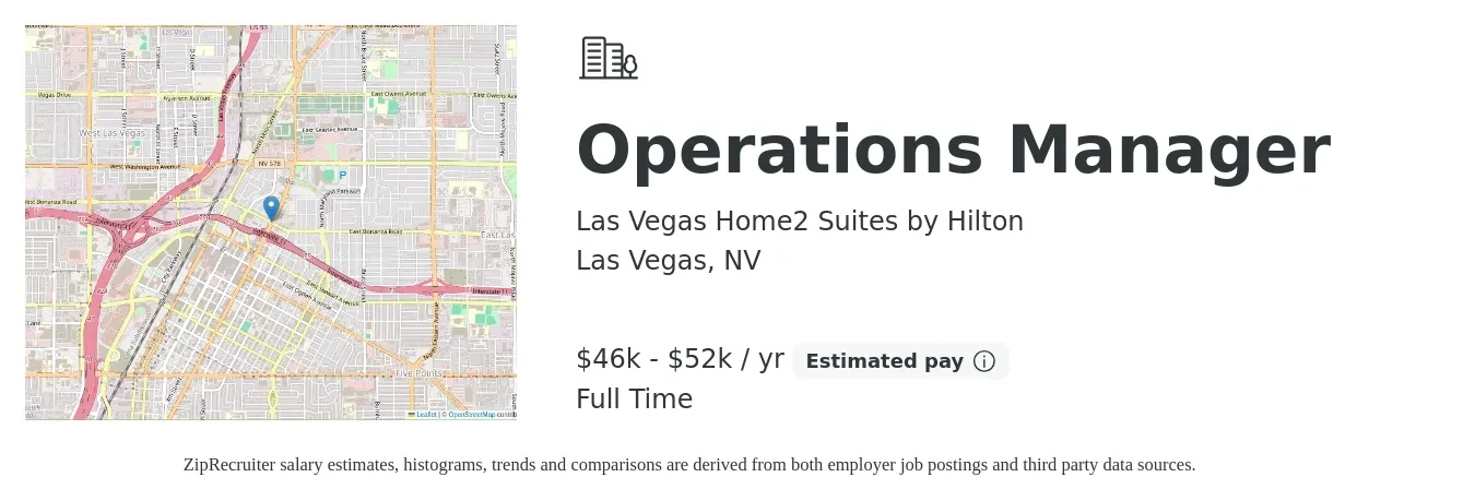 Las Vegas Home2 Suites by Hilton job posting for a Operations Manager in Las Vegas, NV with a salary of $46,000 to $52,000 Yearly with a map of Las Vegas location.