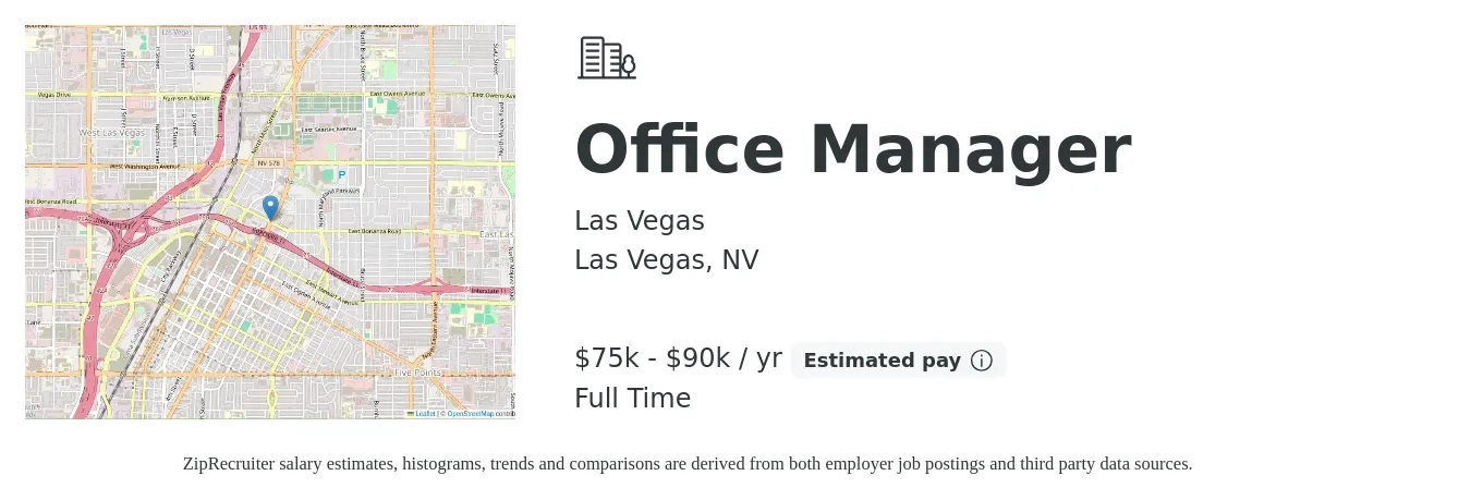 Las Vegas job posting for a Office Manager in Las Vegas, NV with a salary of $75,000 to $90,000 Yearly with a map of Las Vegas location.