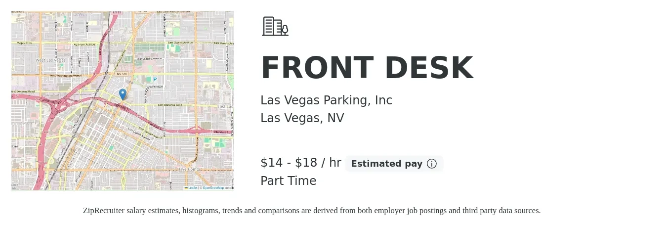 Las Vegas Parking, Inc job posting for a FRONT DESK in Las Vegas, NV with a salary of $15 to $19 Hourly with a map of Las Vegas location.
